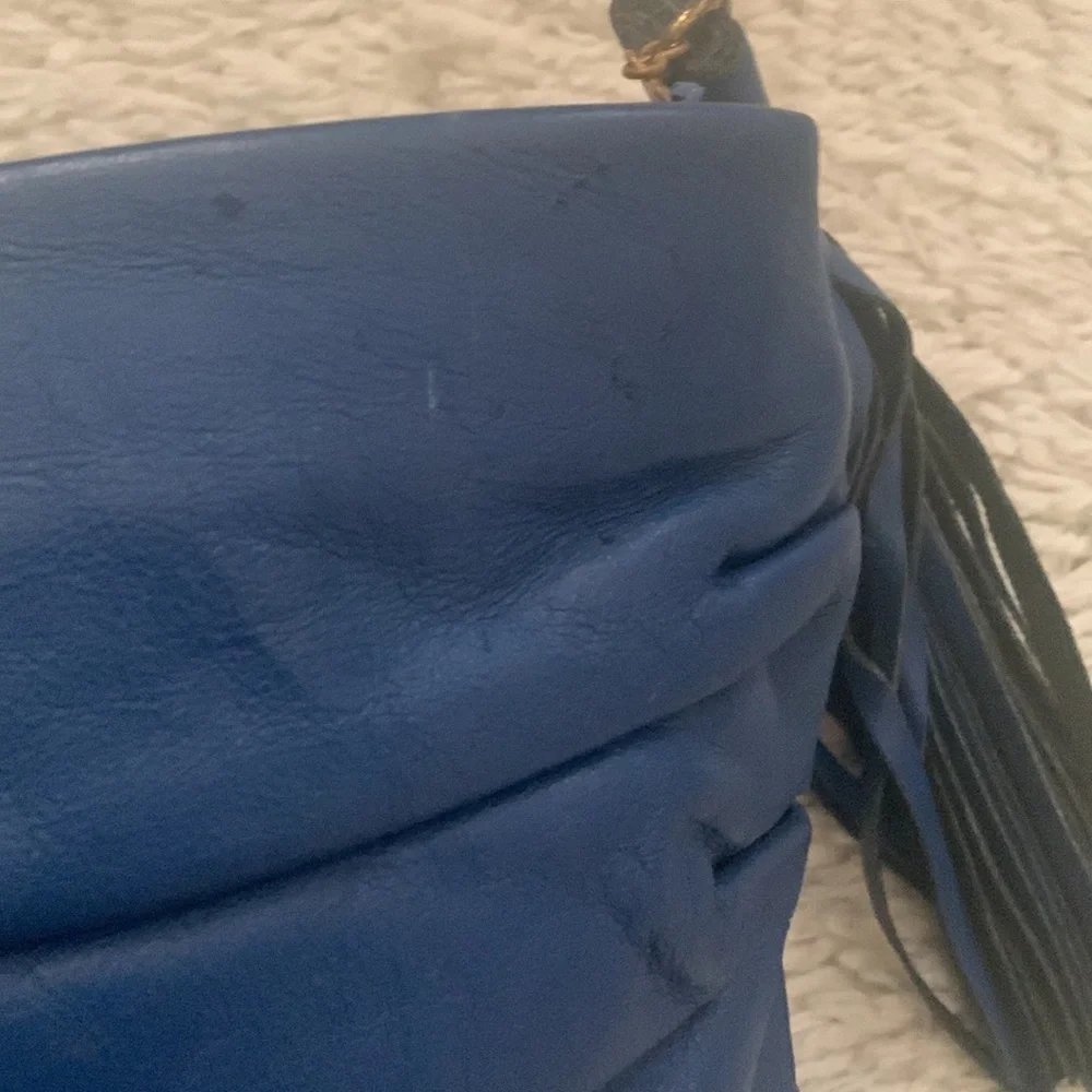 VINTAGE Jumbo Royal Blue Leather Tassel Clutch Purse